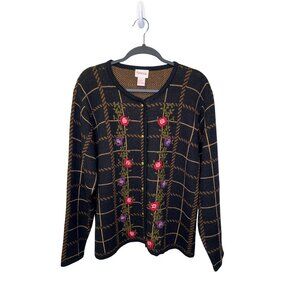 Crystal-Kobe Womens Floral Embroidered Knit Cardigan Sweater Sz LRG Grandmacore